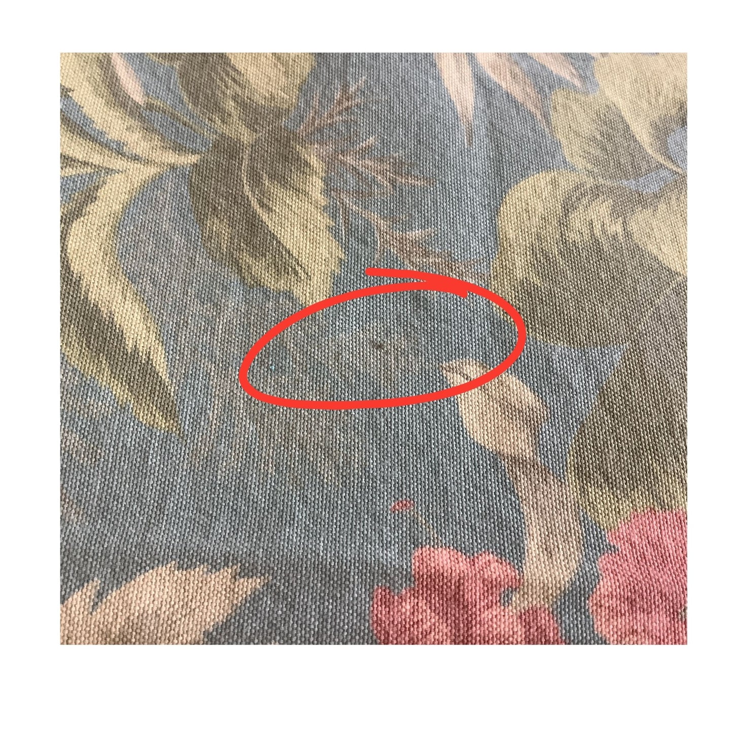 stain close-up of a floral woven fabric with a muted blue-gray background, olive and beige leaves, and pink flowers. A red oval annotation highlights a small dark spot on the fabric.