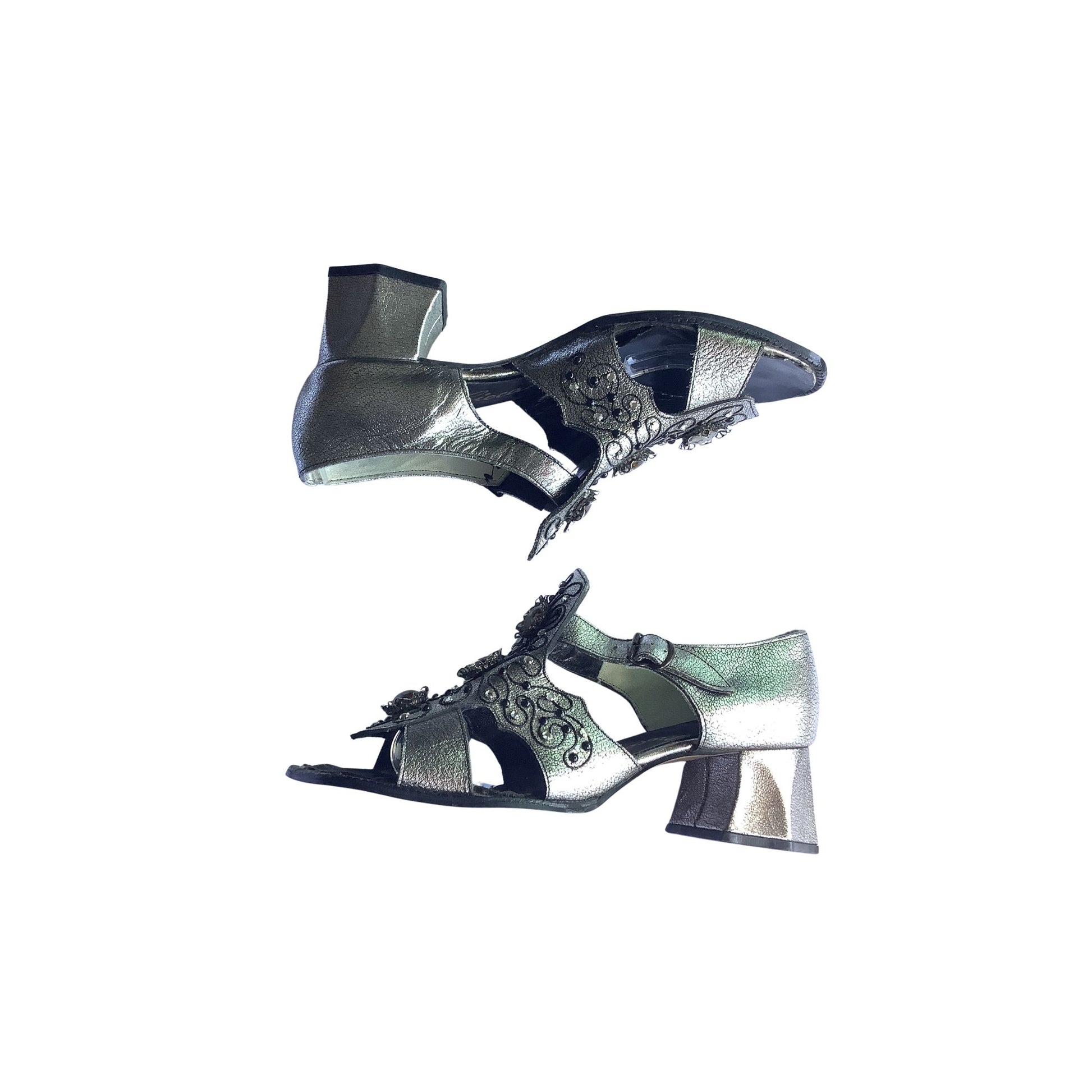 Vintage baroque embellished strappy heels editorial view