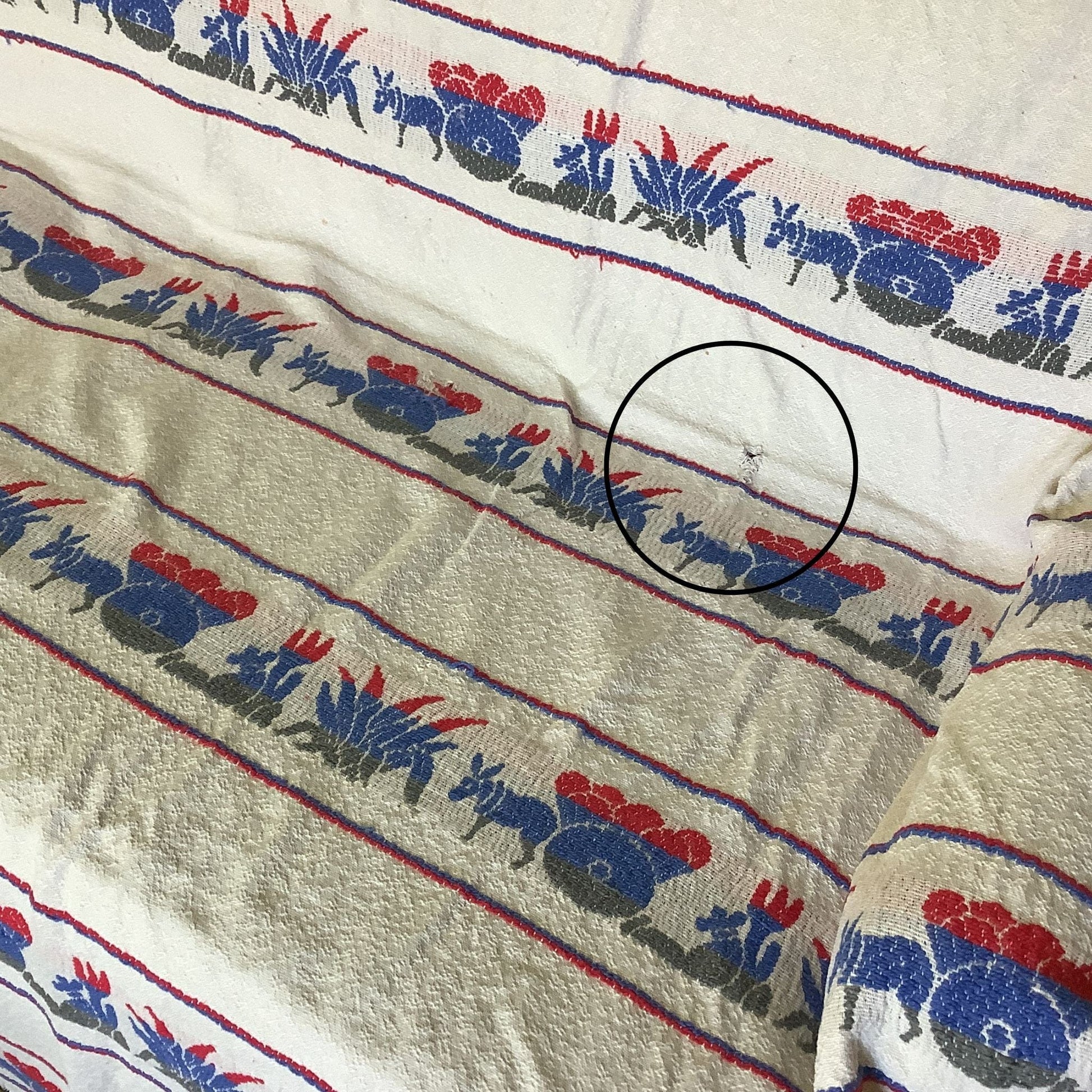 View of Hole in 1950s Bates Cabin Bedspread 