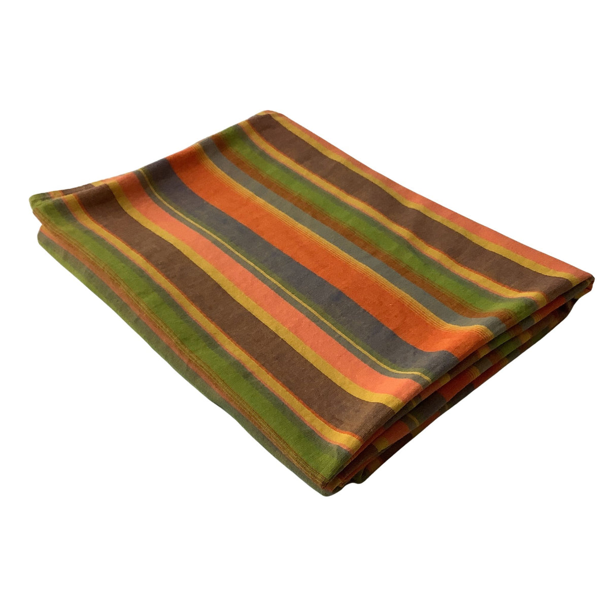 A folded striped Bates western bedspread, featuring horizontal stripes in orange, olive green, brown, and dark gray on a plain white background.