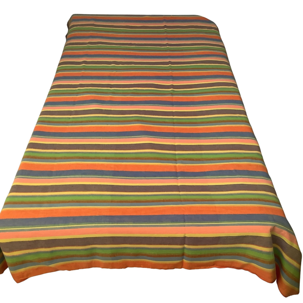 Bates western stripe bedspread, featuring a horizontal striped pattern with orange, green, blue, and brown stripes, shown against a plain white background.