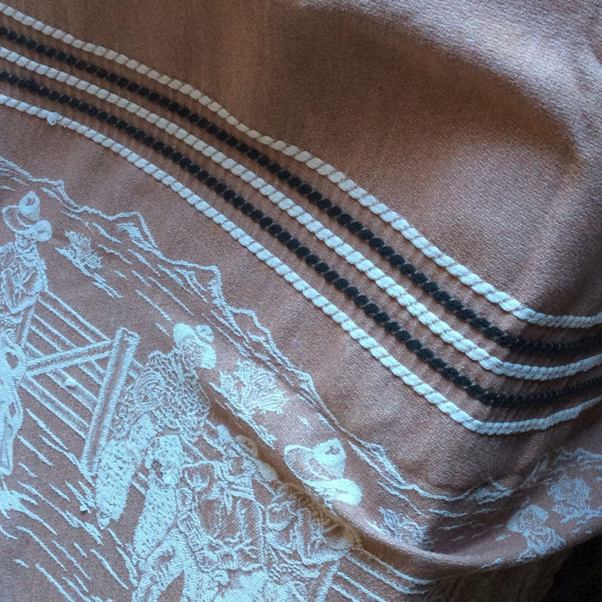 Texture view of Bates vintage bedspread close-up of a brown woven textile with white embroidered cowboy and mountain motifs, plus diagonal black-and-white striped braided trim.