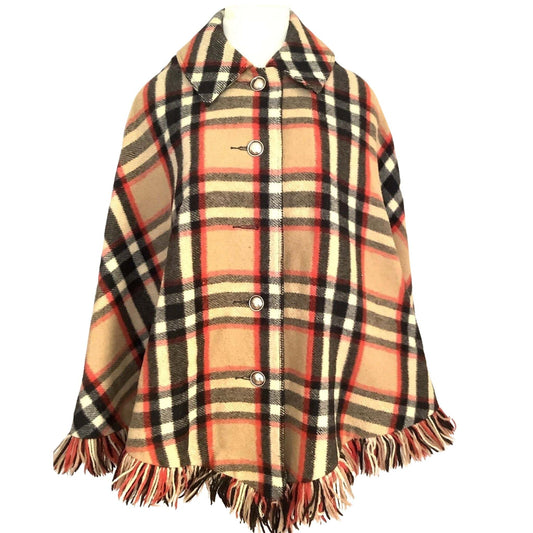 Beige Plaid Wool Poncho