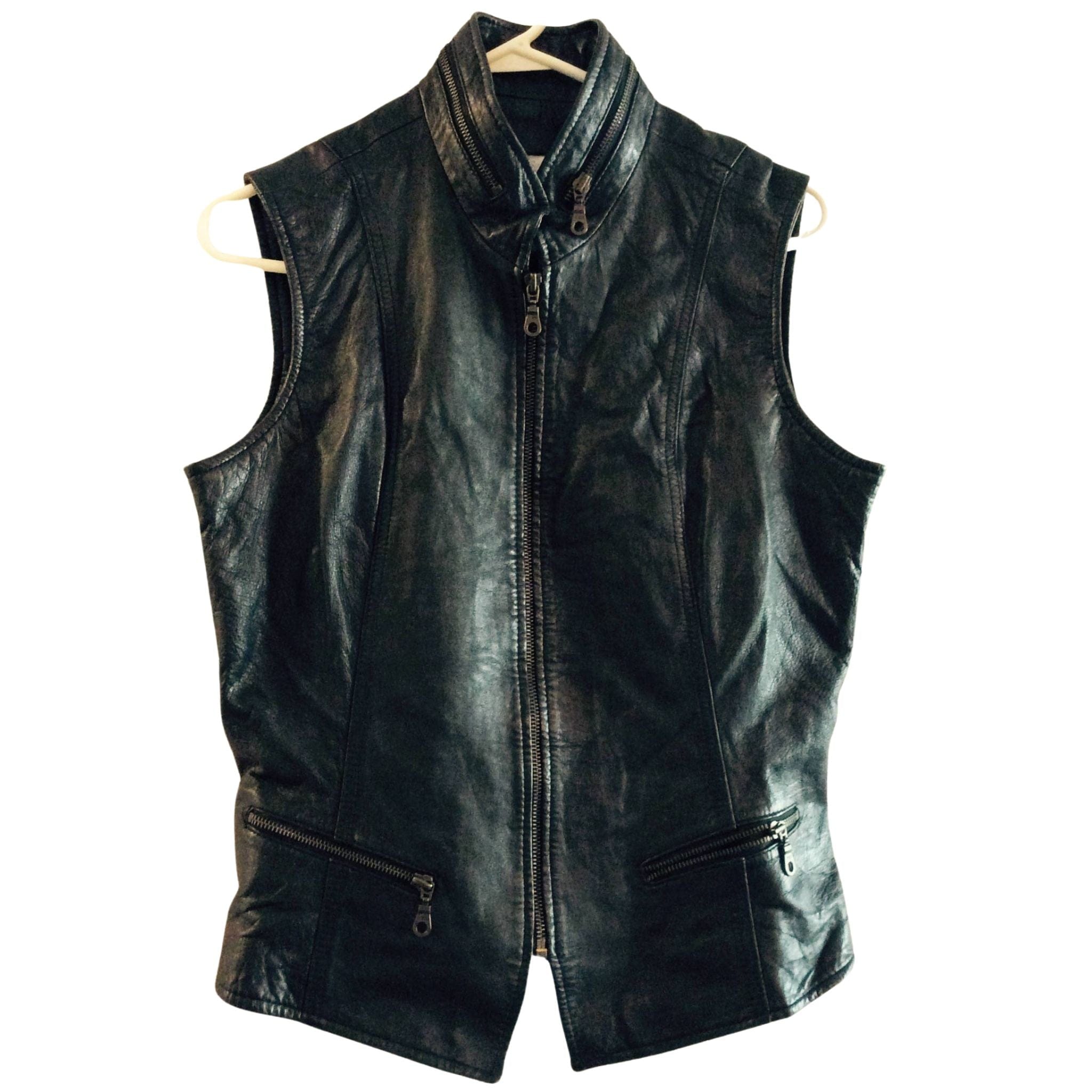 Vintage '90s Black Leather Vest Front Zipper Women's Large