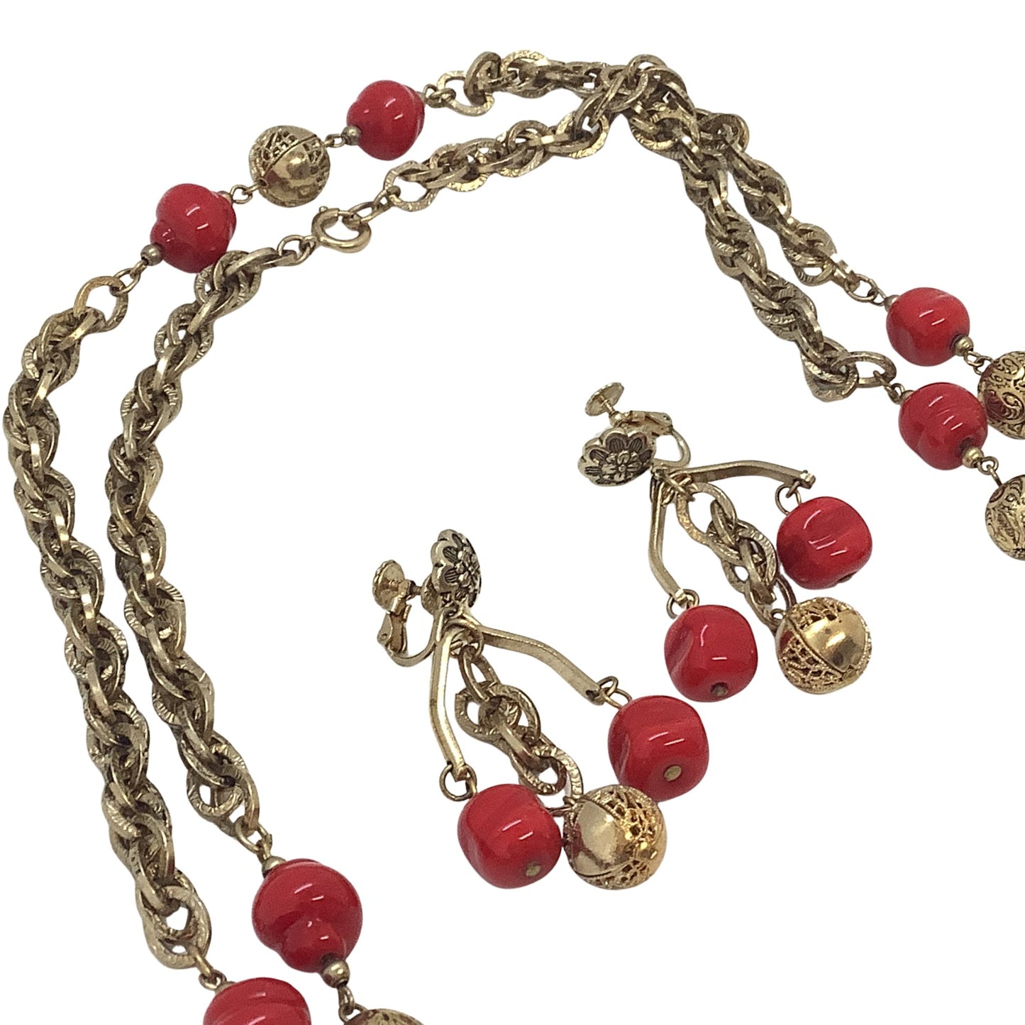 Bohemian 1980s Faux Coral Necklace Earrings set on a white background