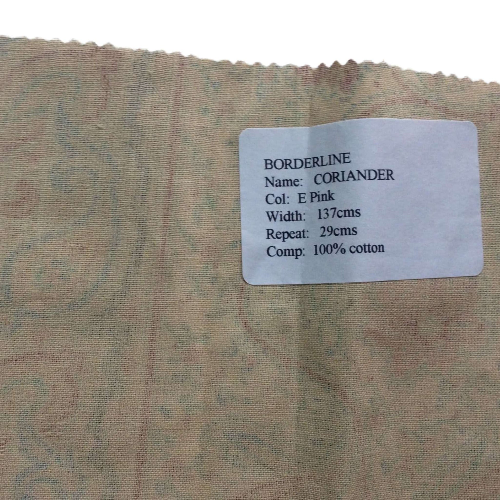 Fabric swatch with a label indicating 'Borderline' brand and product details.