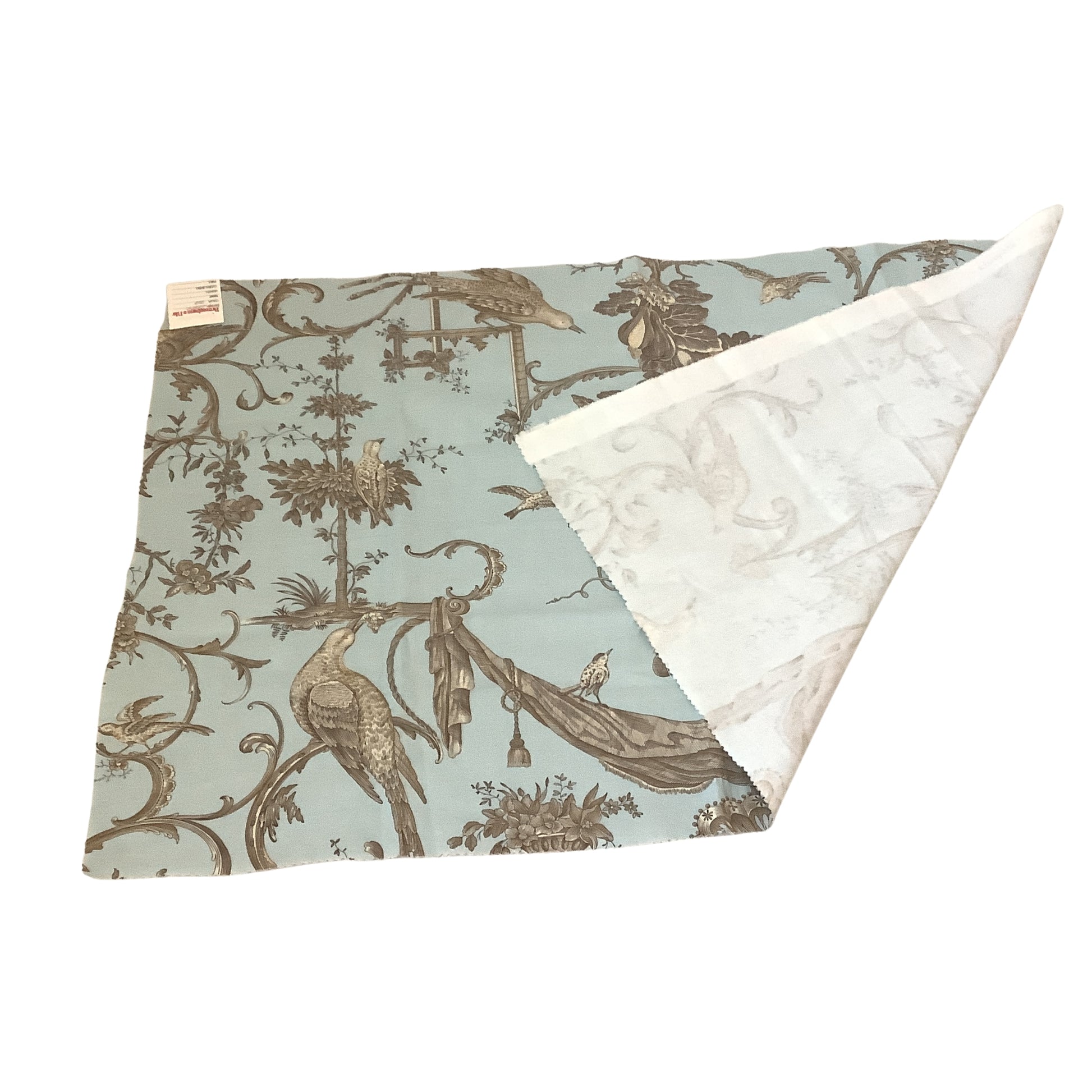 Brunschwig & Fils Kininvie blue toile fabric sample folded showing front pattern and white reverse.
