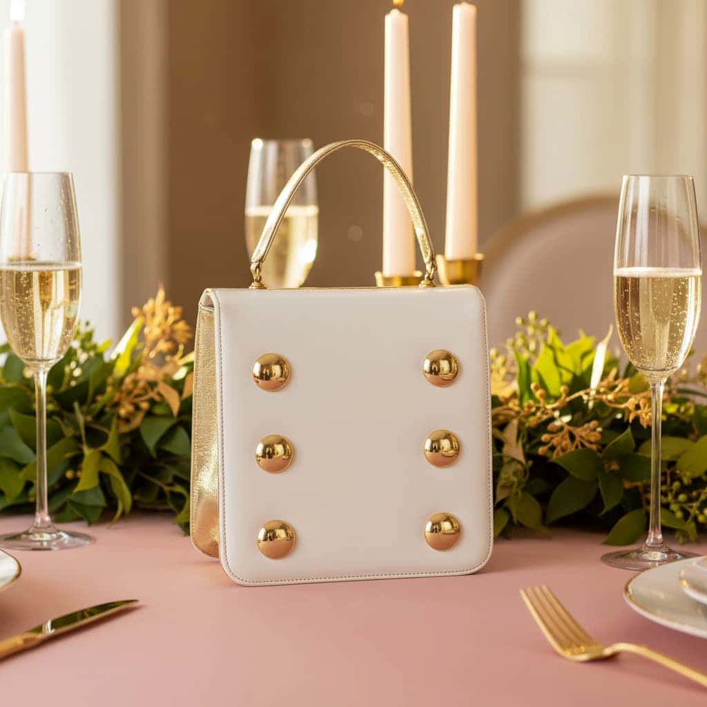 White handbag with gold studs on a table setting with wine glasses and candles.