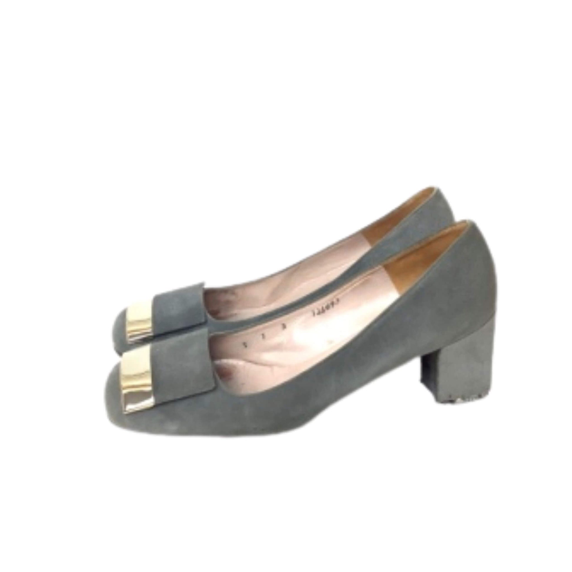 Christian Dior gray high-heeled shoes with silver accents right-side view