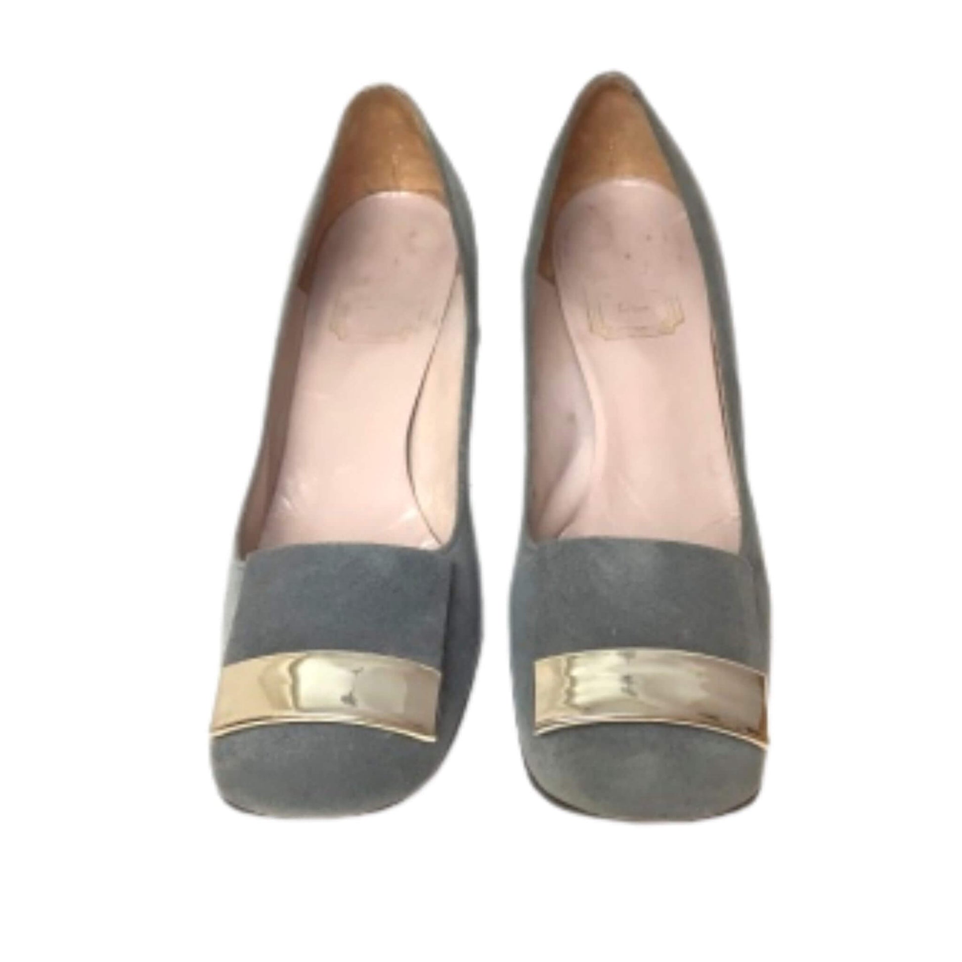 Christian Dior gray pump shoes with silver accents front view