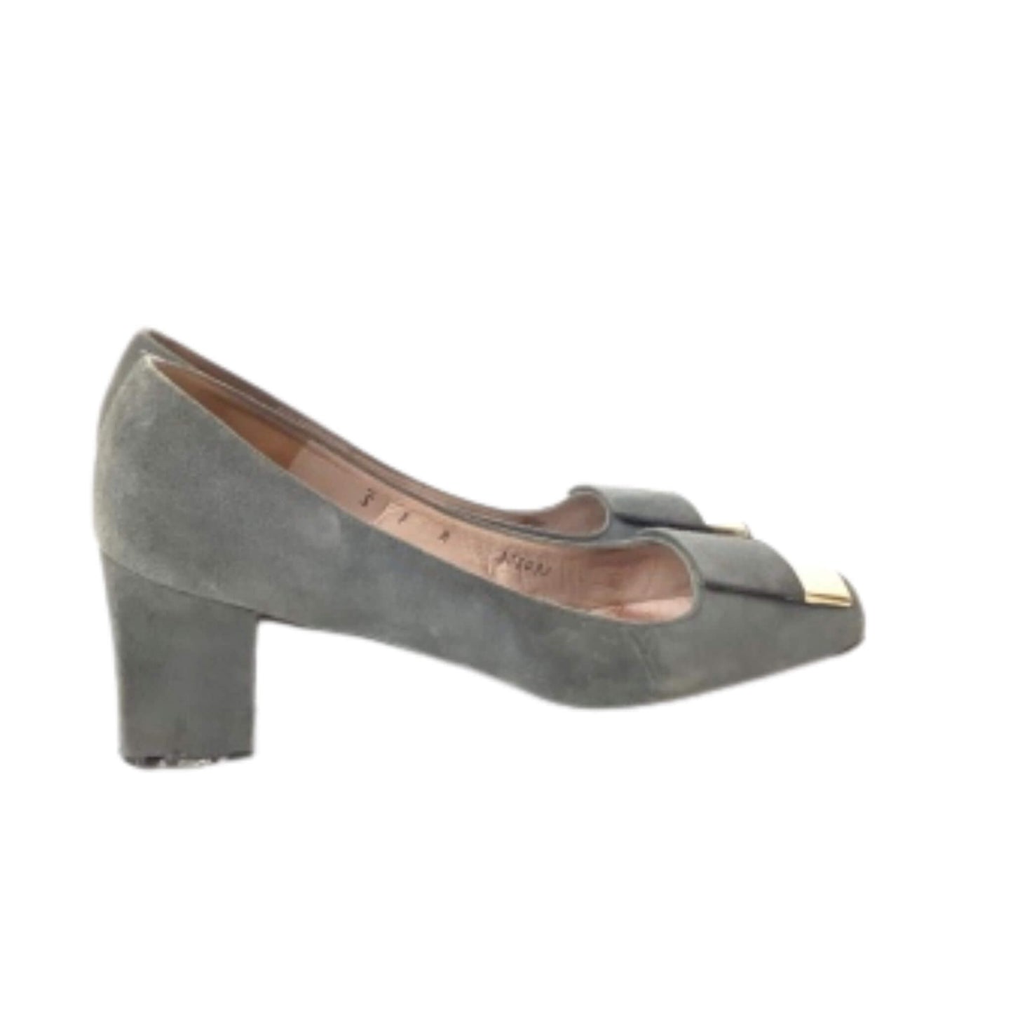 Christian Dior Gray suede high heel shoe with silver cap toe left-side view 