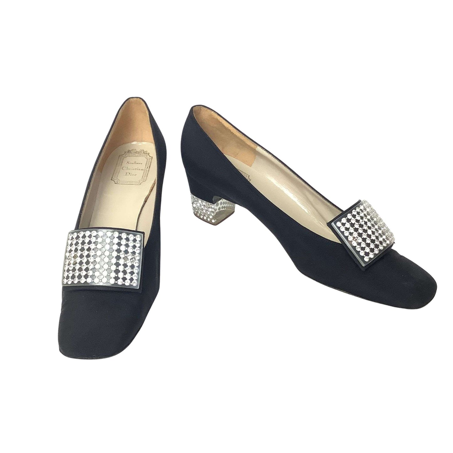 Front view of black high-heeled shoes with rhinestone embellishements