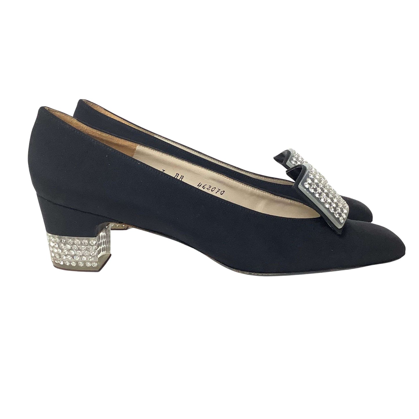 Black high-heeled shoes with decorative embellishments right-side view