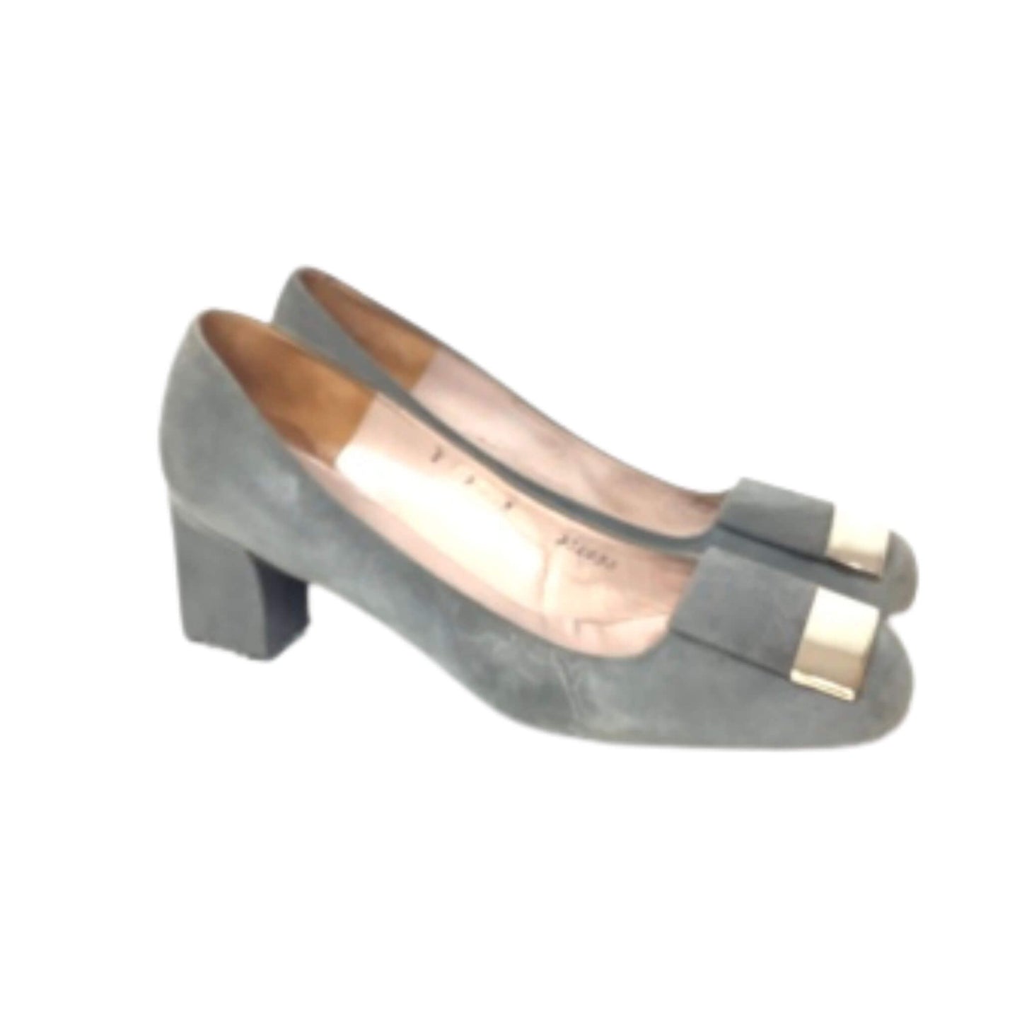 Christian Dior gray high-heeled shoes with silver accents top-left view