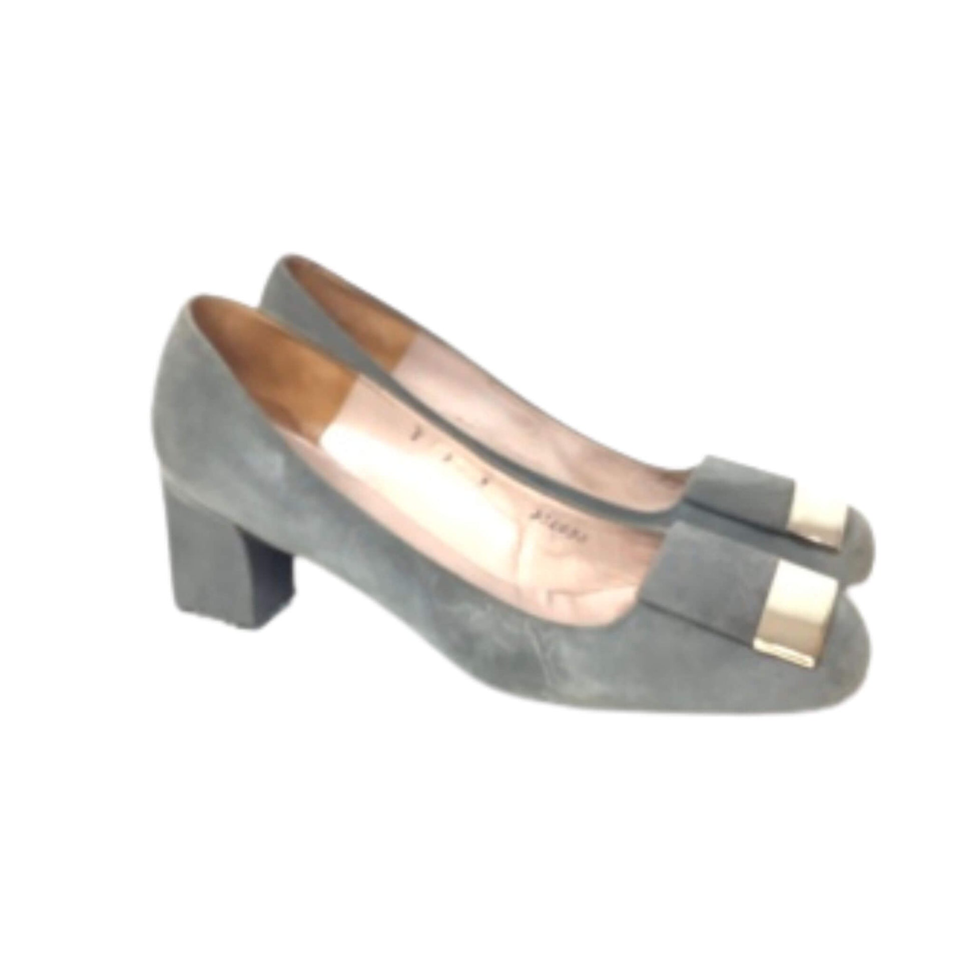 Christian Dior gray high-heeled shoes with silver accents top-left view