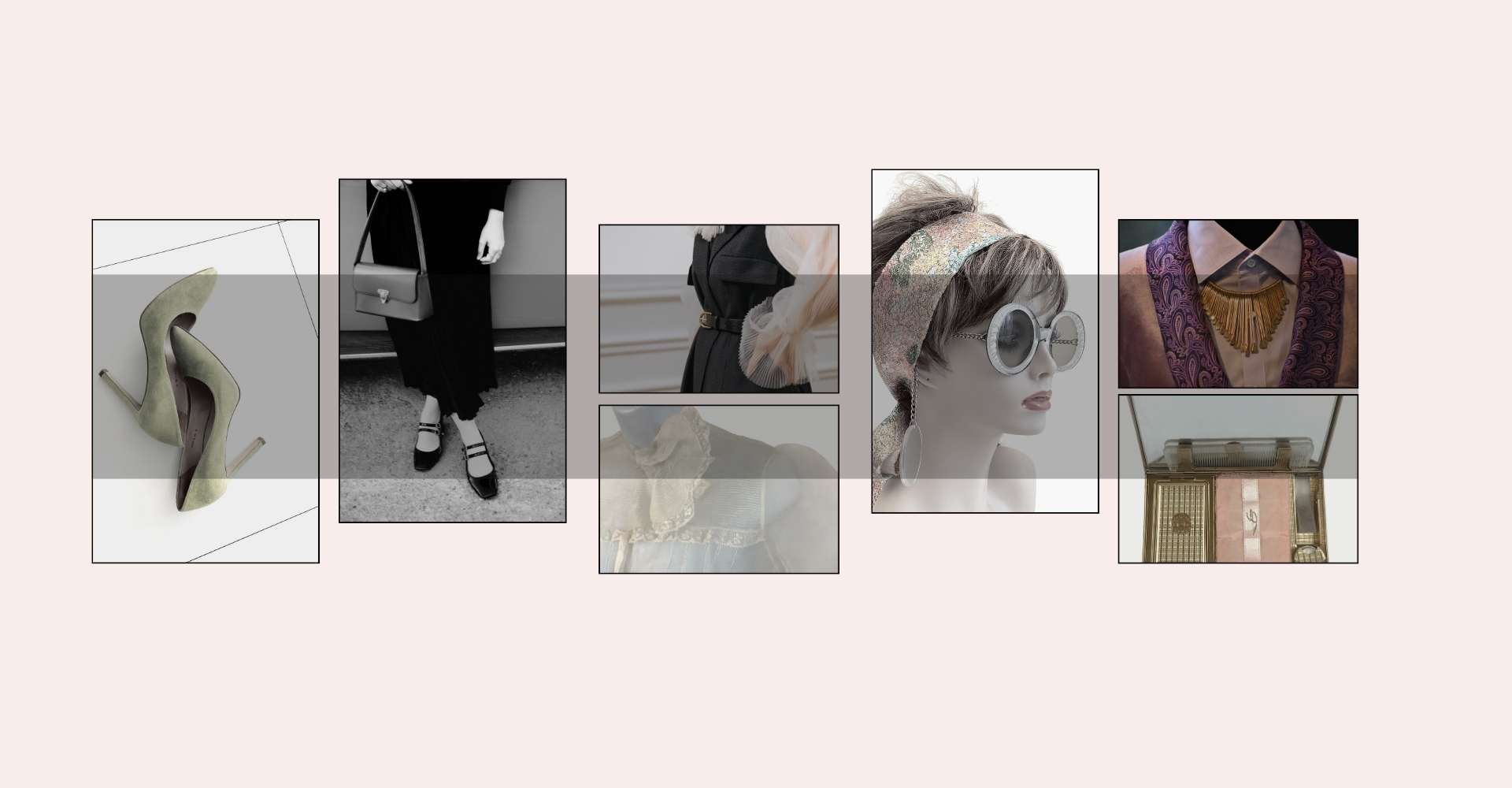 Collage of various fashion items including shoes, dresses, and accessories on a light pink background.