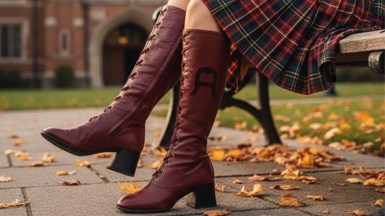 Maroon knee-high boots with a person wearing a plaid skirt in an outdoor setting.