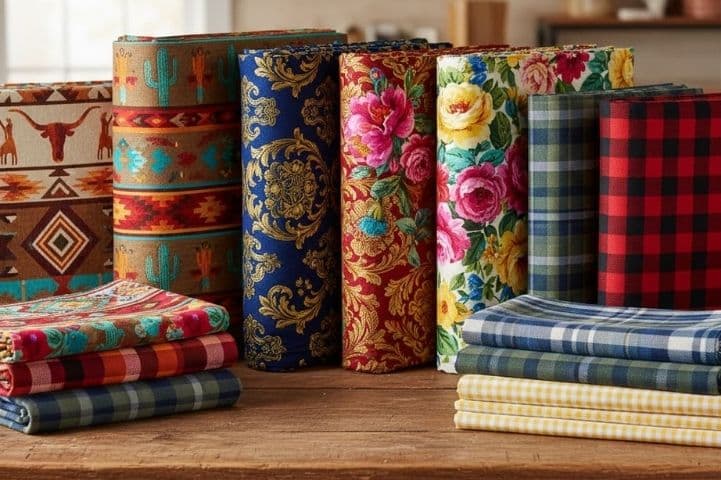 Collection of colorful fabric rolls on a wooden surface