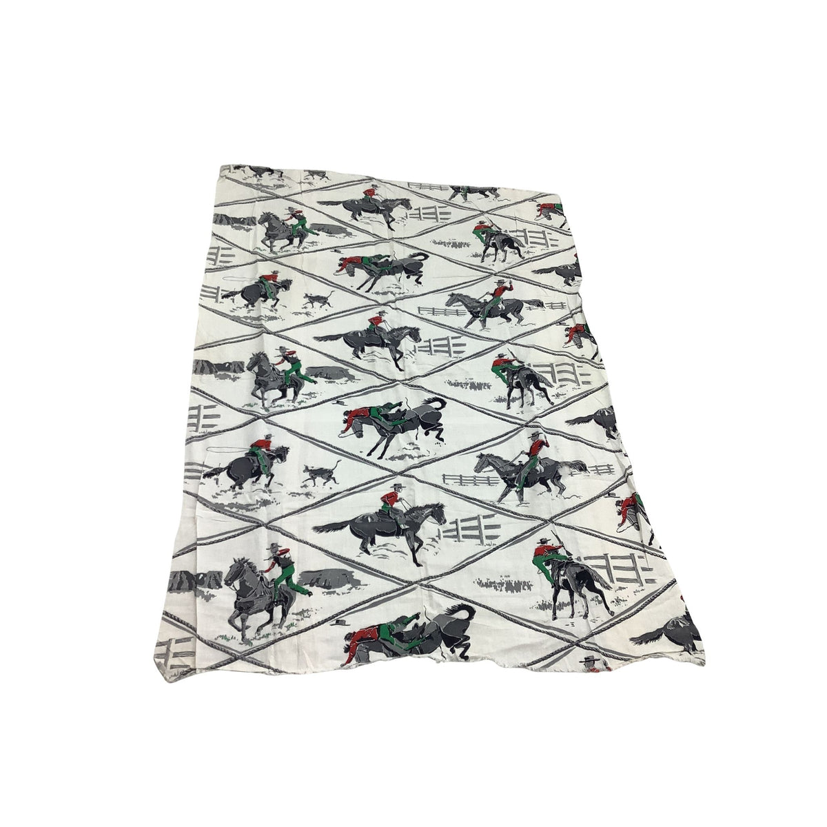 Vintage cowboy fabric in white cotton featuring a rustic western print of black horses, riders in red and green, and gray rope details in a layout view