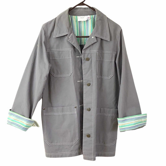 Gray jacket with striped cuffs and collar