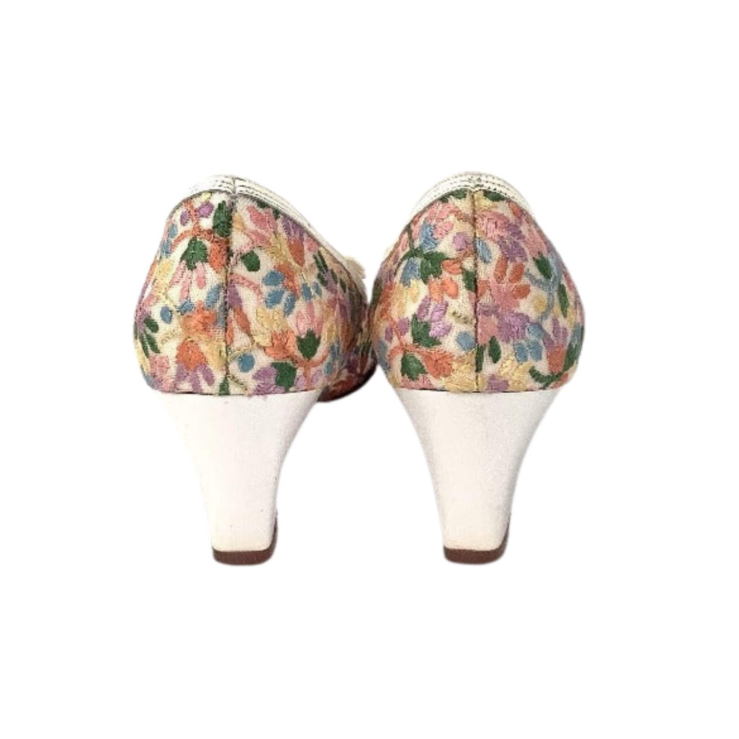 Pair of embroidered high-heeled shoes back view