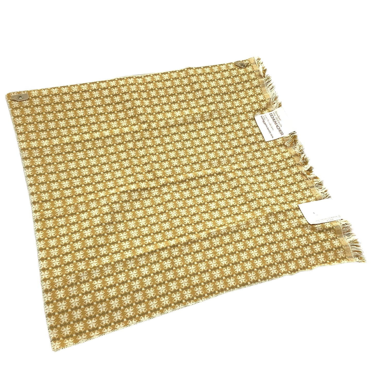 Vintage Schumacher fabric sample in god and beige pattern featuring fringed edges and two small white labels.