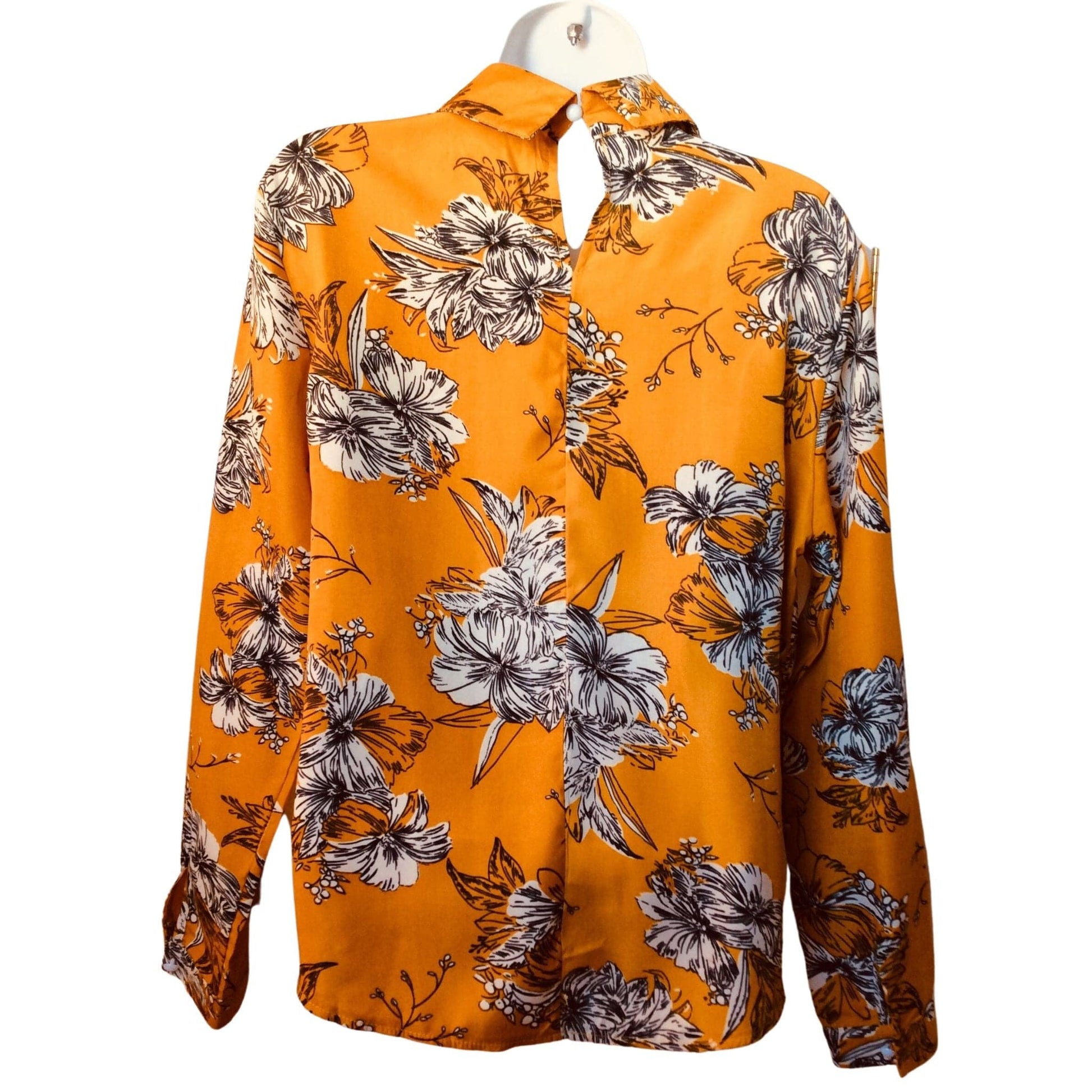 Black and white floral Preppy mustard-gold blouse
