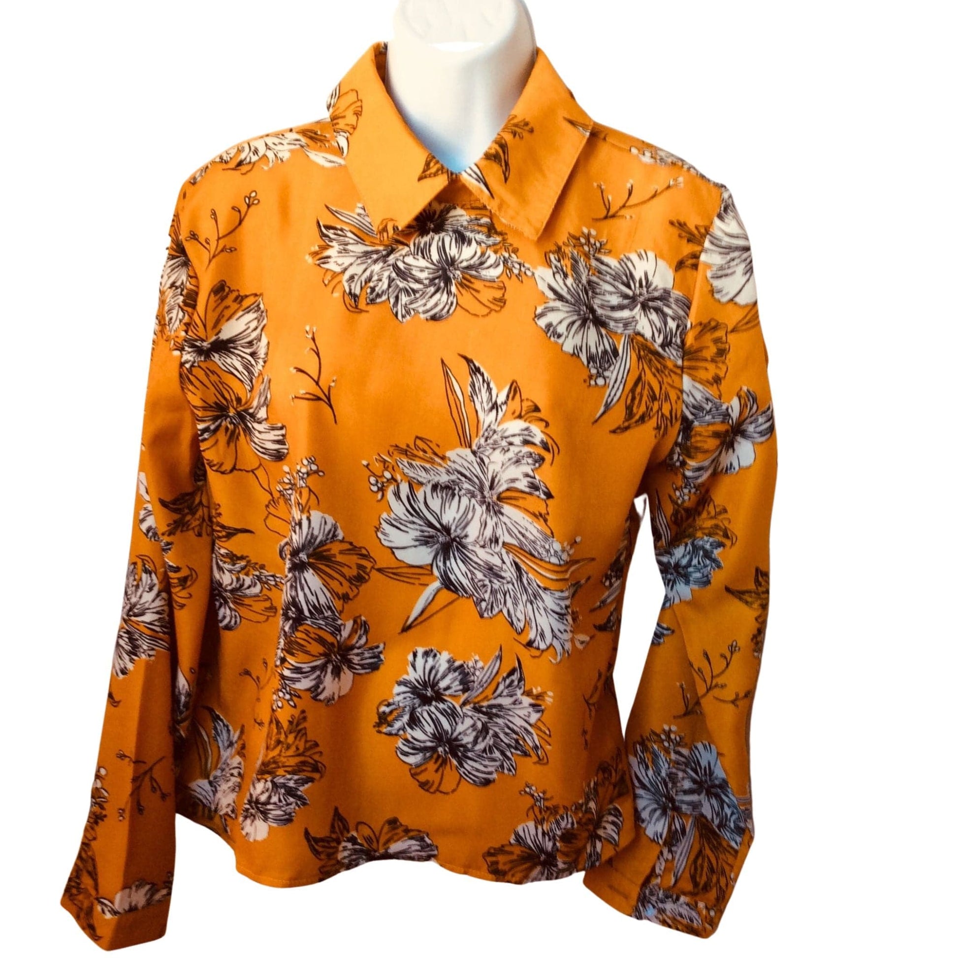 Black and white floral Preppy mustard-gold blouse