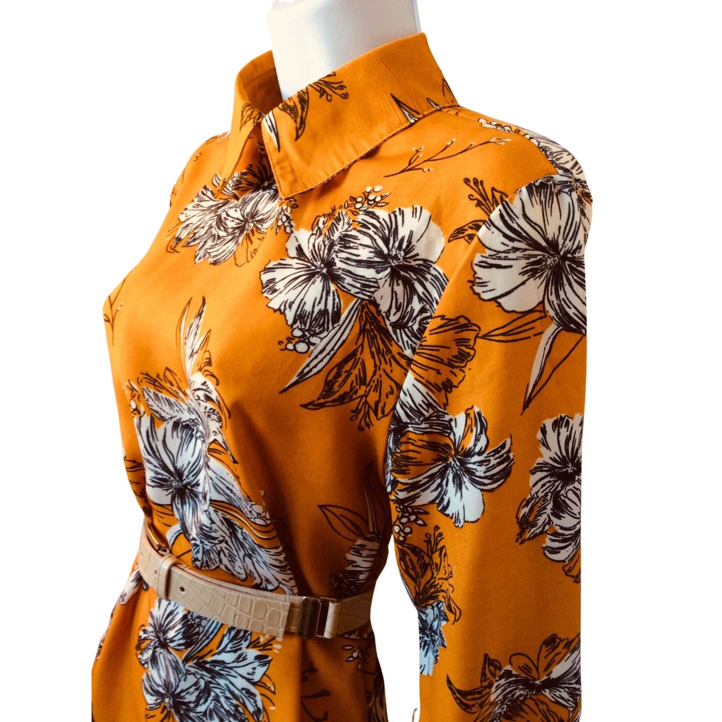 Black and white floral Preppy mustard-gold blouse