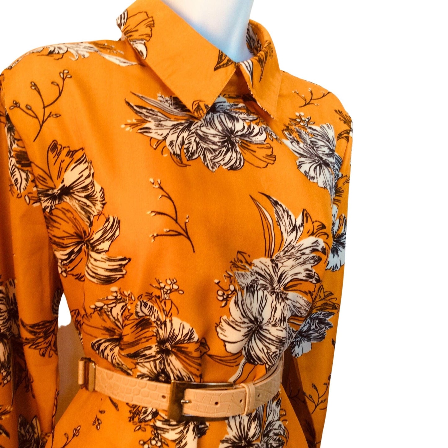 Black and white floral Preppy mustard-gold blouse