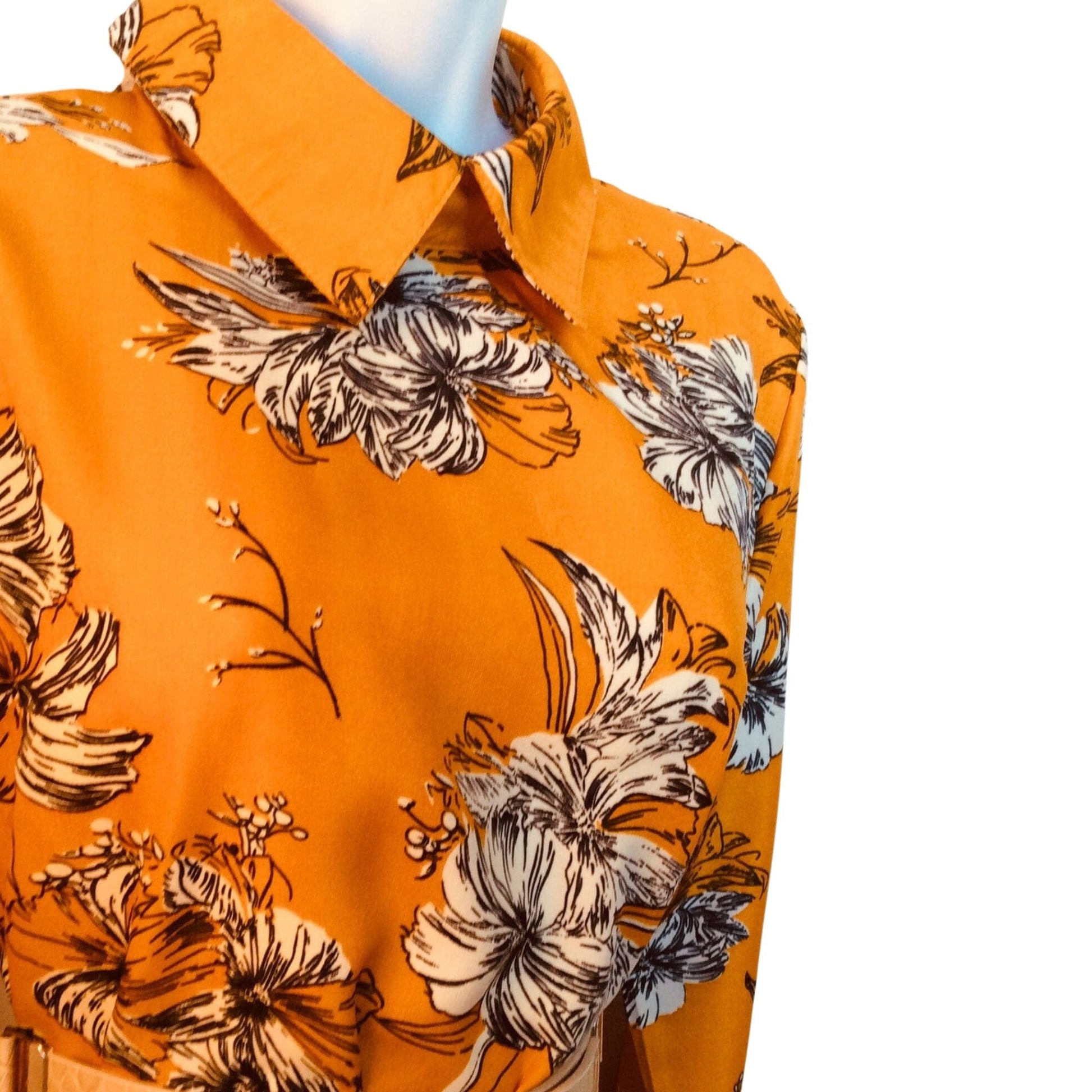 Black and white floral Preppy mustard-gold blouse