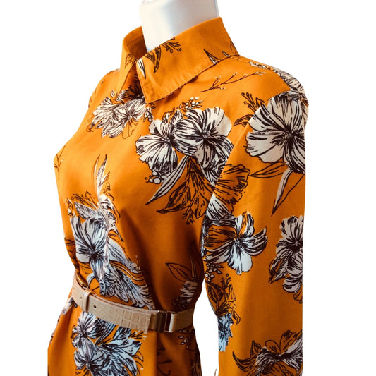 Black and white floral Preppy mustard-gold blouse