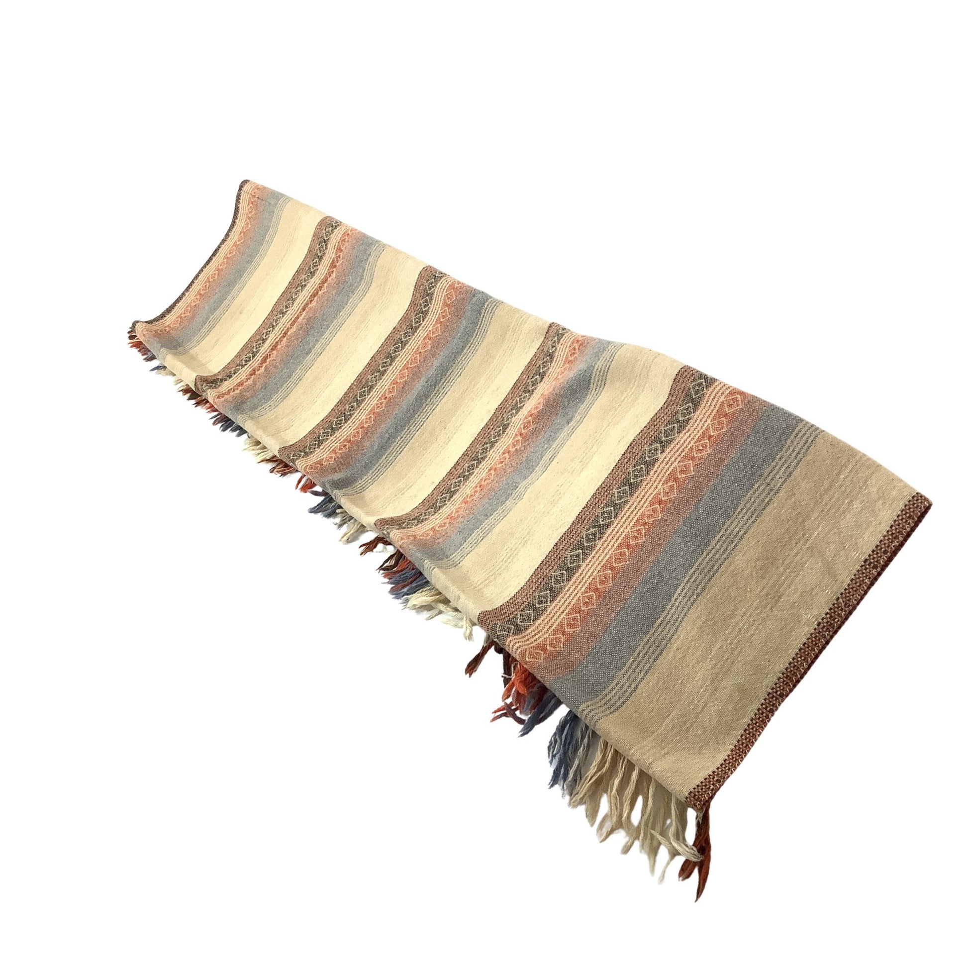 Vintage striped woven throw blanket with fringe, featuring horizontal bands of beige, brown, muted blue, and terracotta on a plain white background.