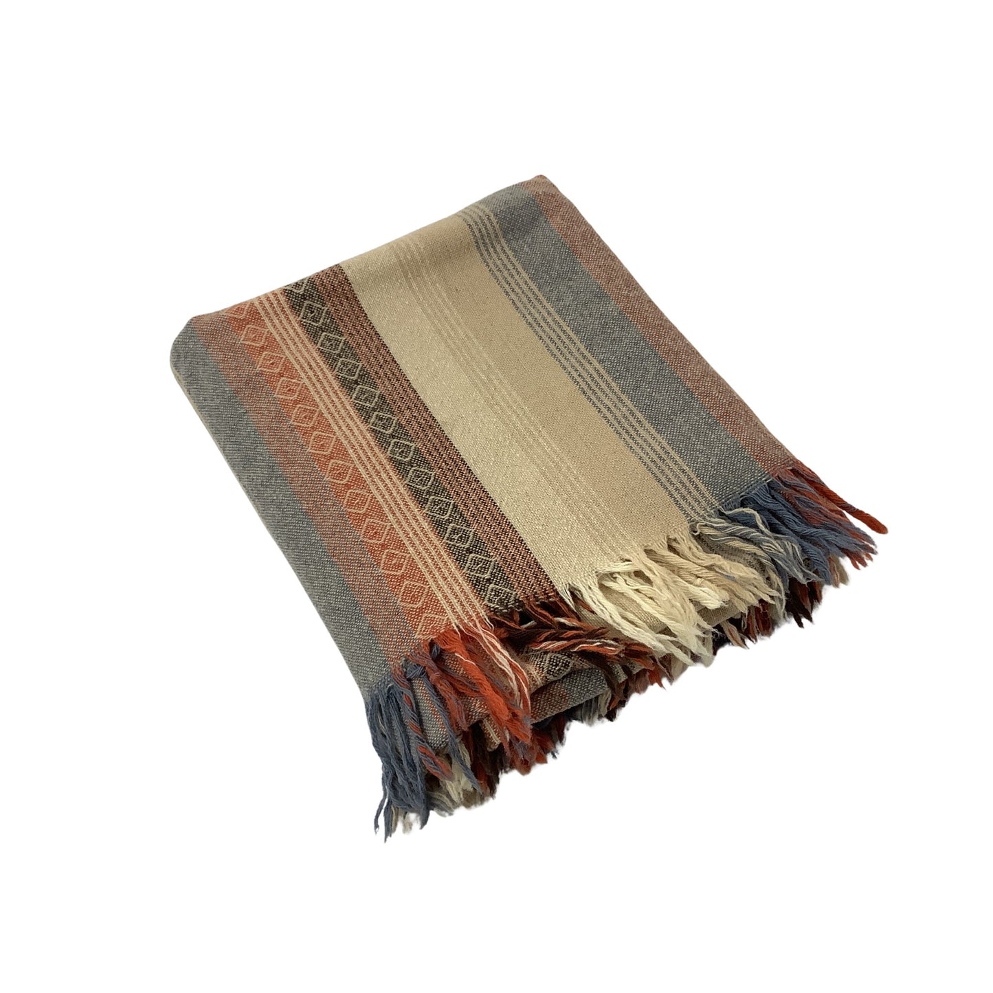A folded woven throw blanket with fringed edges, featuring a striped pattern in brown, beige, gray, rust orange, and dark blue on a white background.