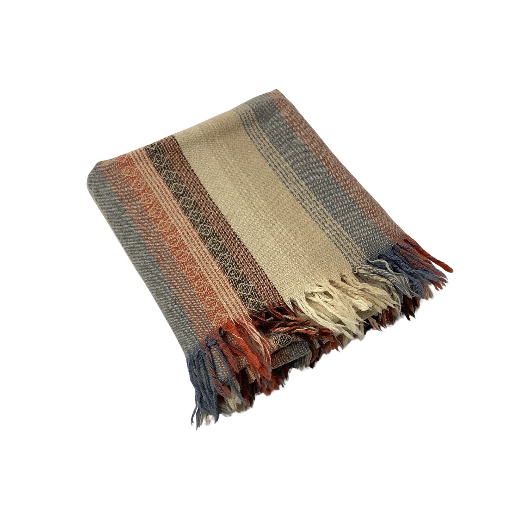 A folded woven throw blanket with fringed edges, featuring a striped pattern in brown, beige, gray, rust orange, and dark blue on a white background.