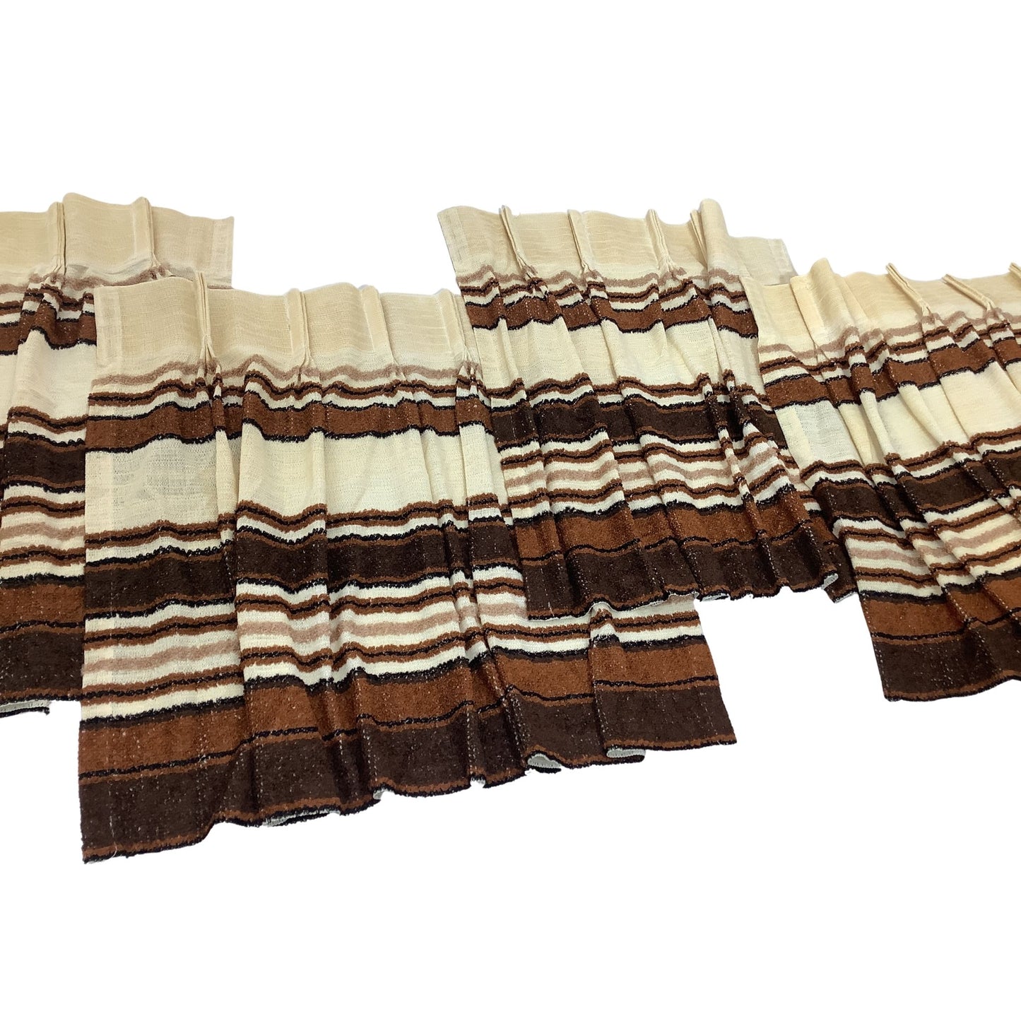 A set of pleated knit curtains in a striped pattern of cream, brown, and black, arranged against a plain white background.