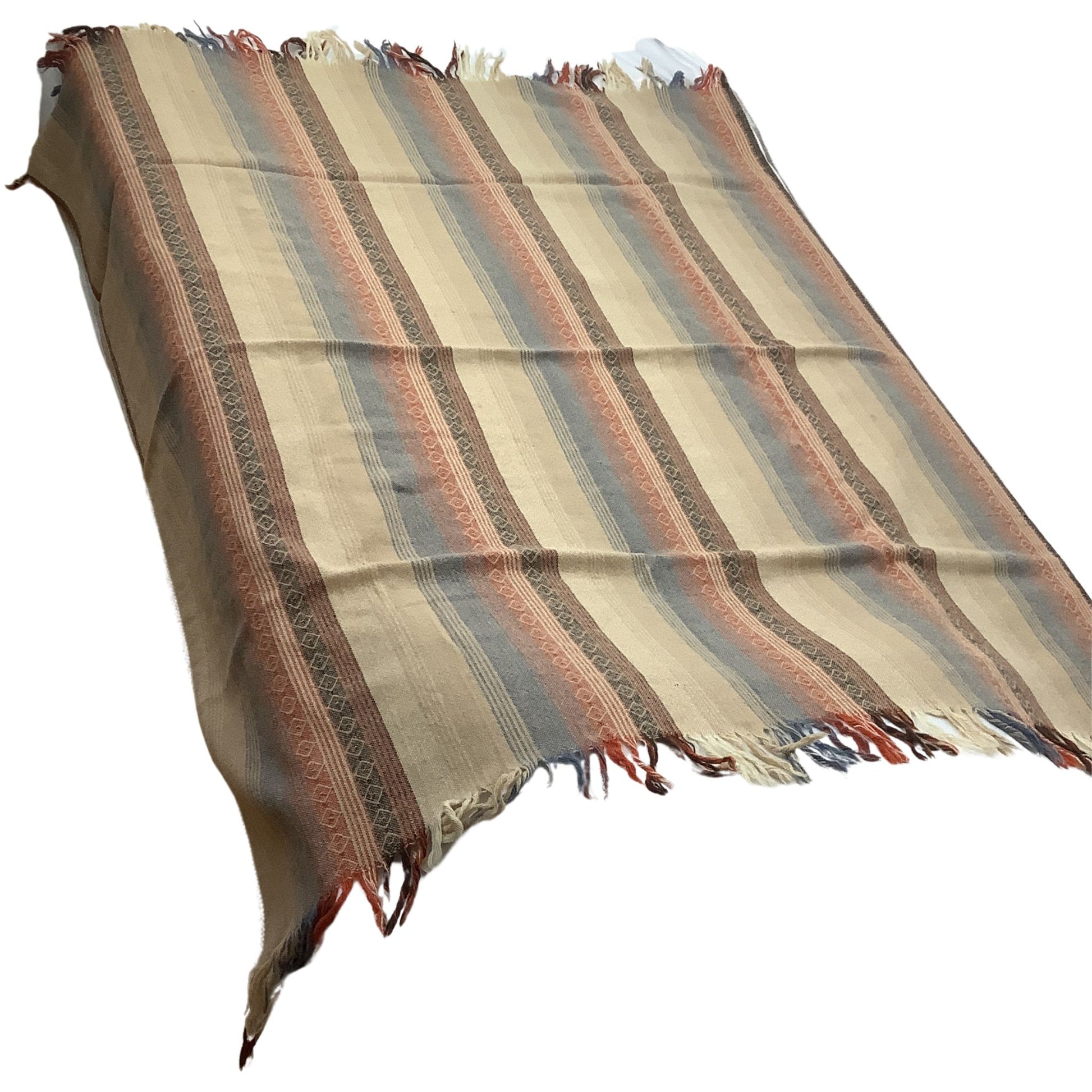 A rectangular woven wool throw with fringe edges, featuring vertical stripes in beige, muted blue-gray, rust orange, and dark brown with decorative stripes, shown on a plain white background.
