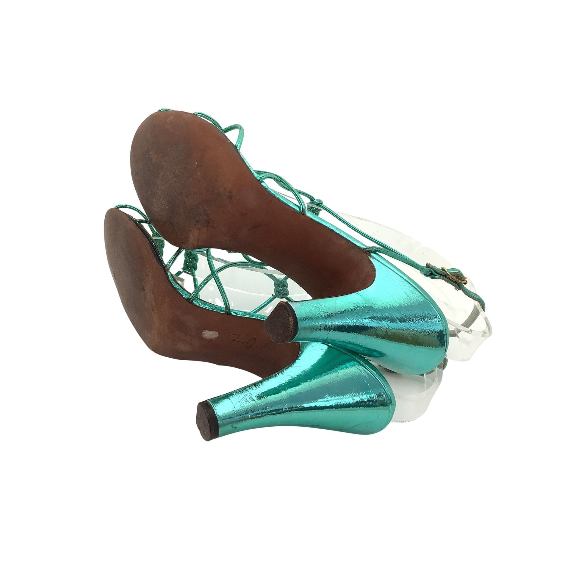 Metallic green high-heeled shoes with leather soles 