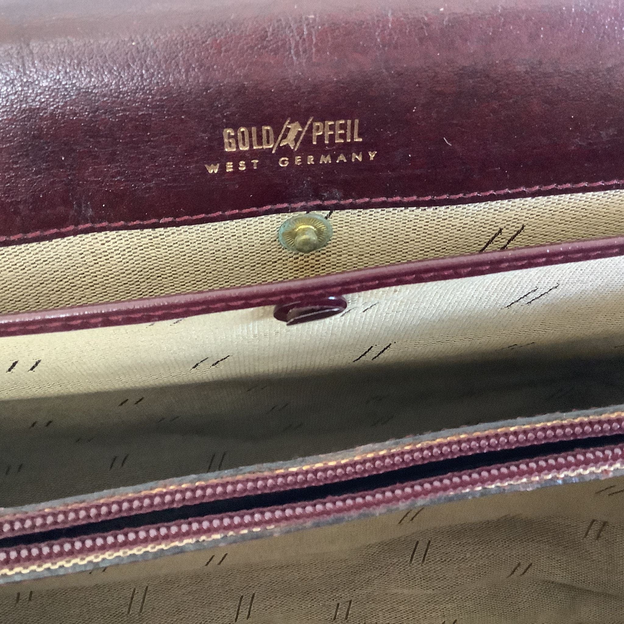 Gold Pfeil Burgundy Leather Handbag - 1980s German Satchel