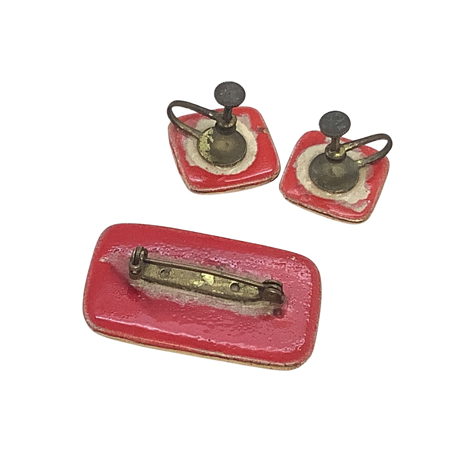 Hand Painted 1950s Earrings and Pin Back View on a white background