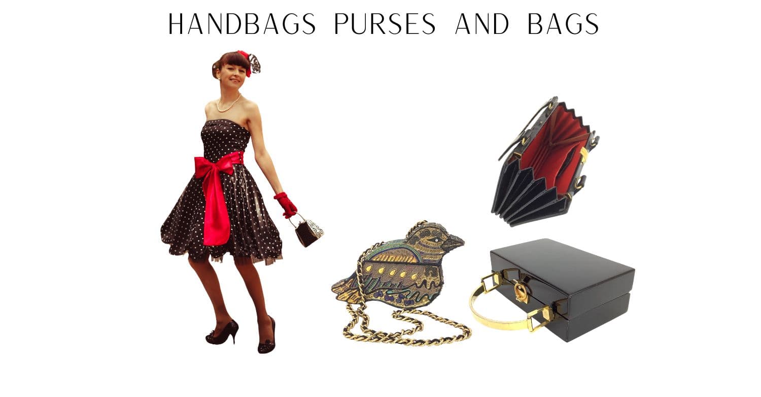 Woman in a dress with handbags and purses on a white background