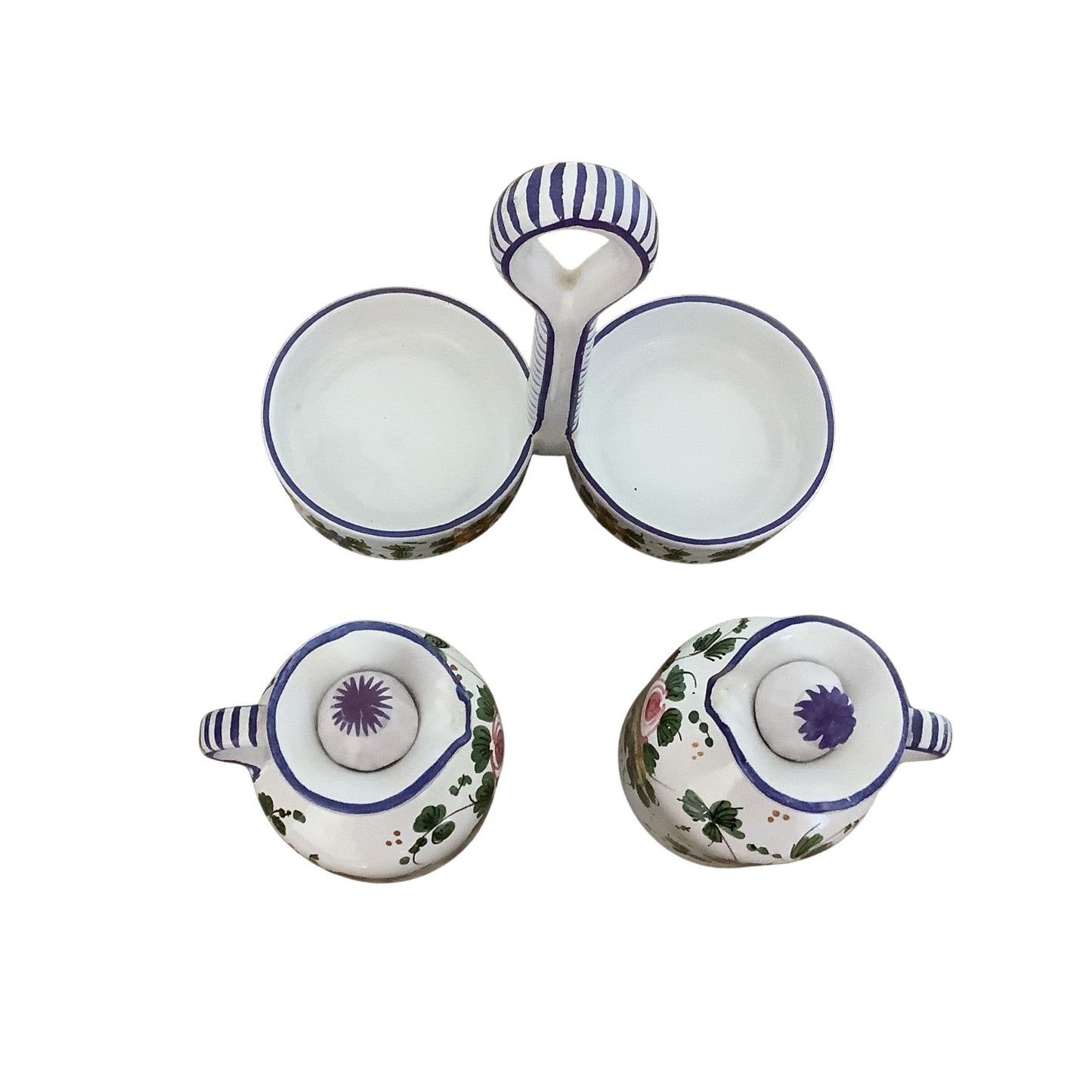Italian ceramic cruet set with floral patterns top view on a white background