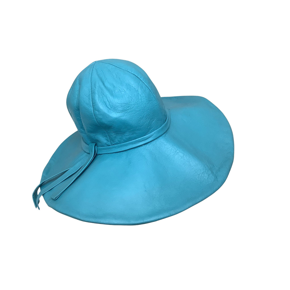 A bright turquoise blue wide-brimmed leather hat with a matching hat band, shown on a plain white background.