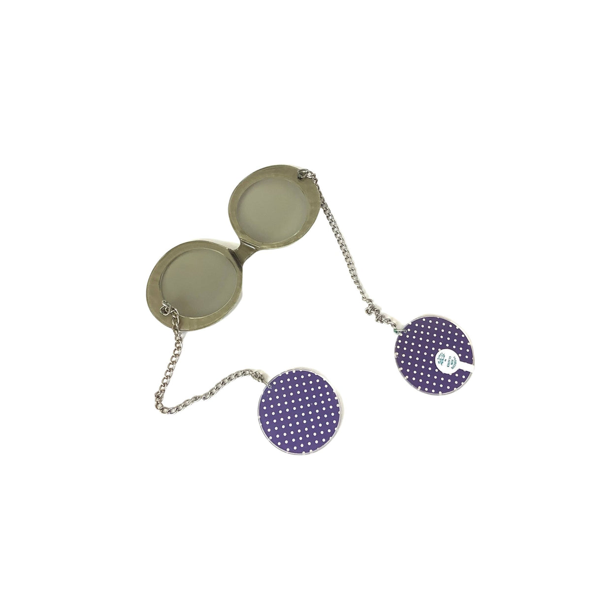 A pair of Je-Dol novelty round sunglasses with translucent gray lenses, connected by a silver chain to two circular purple-and-white polka dot accessories, shown on a plain white background.