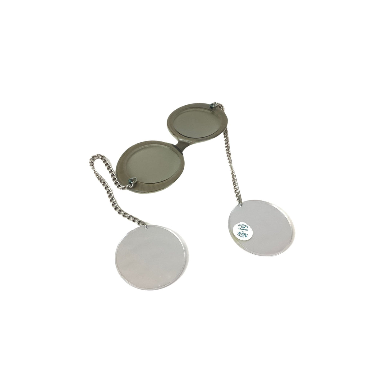 A pair of round, translucent silver-tone sunglasses with disc earrings connected by a short silver chain.