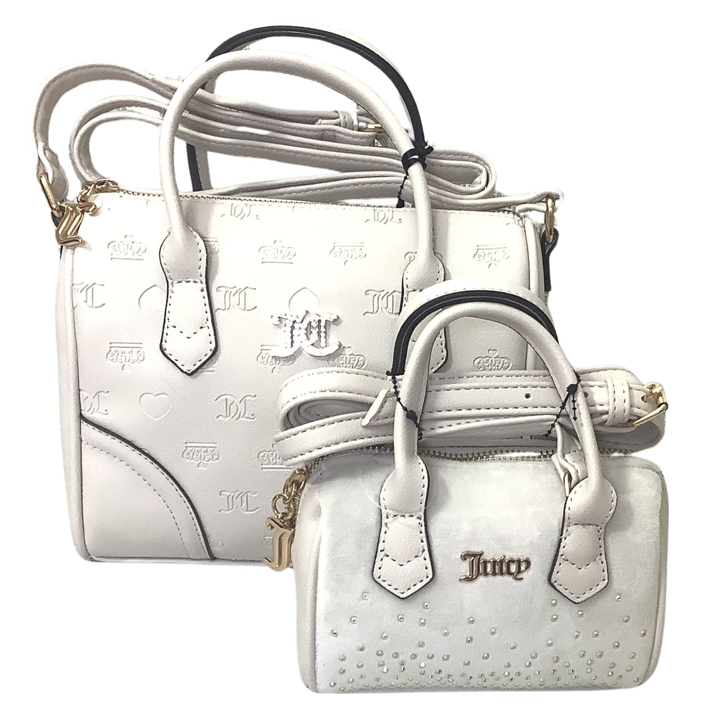 Front view of two beige handbags with a brand logo on a white background