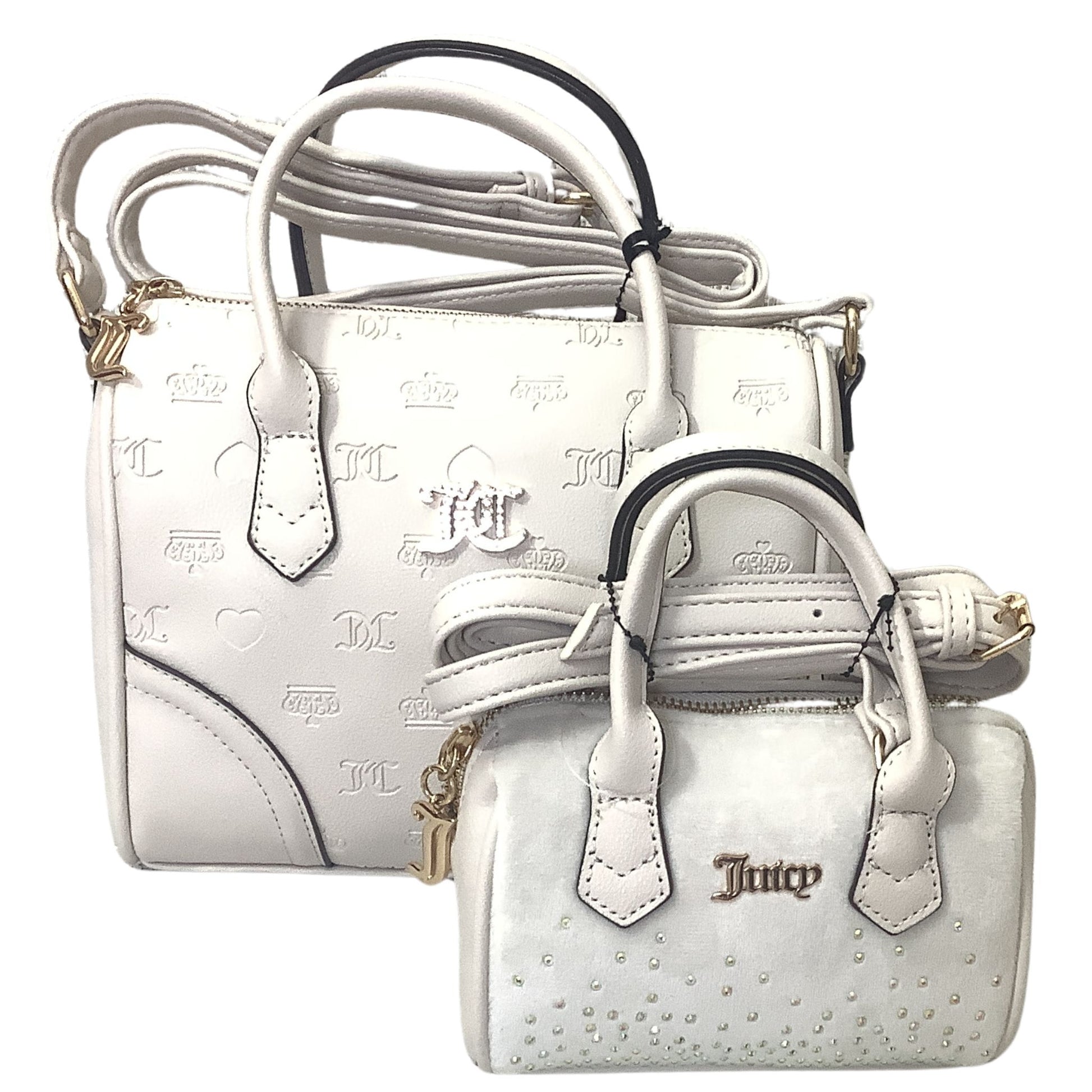 Front view of two beige handbags with a brand logo on a white background