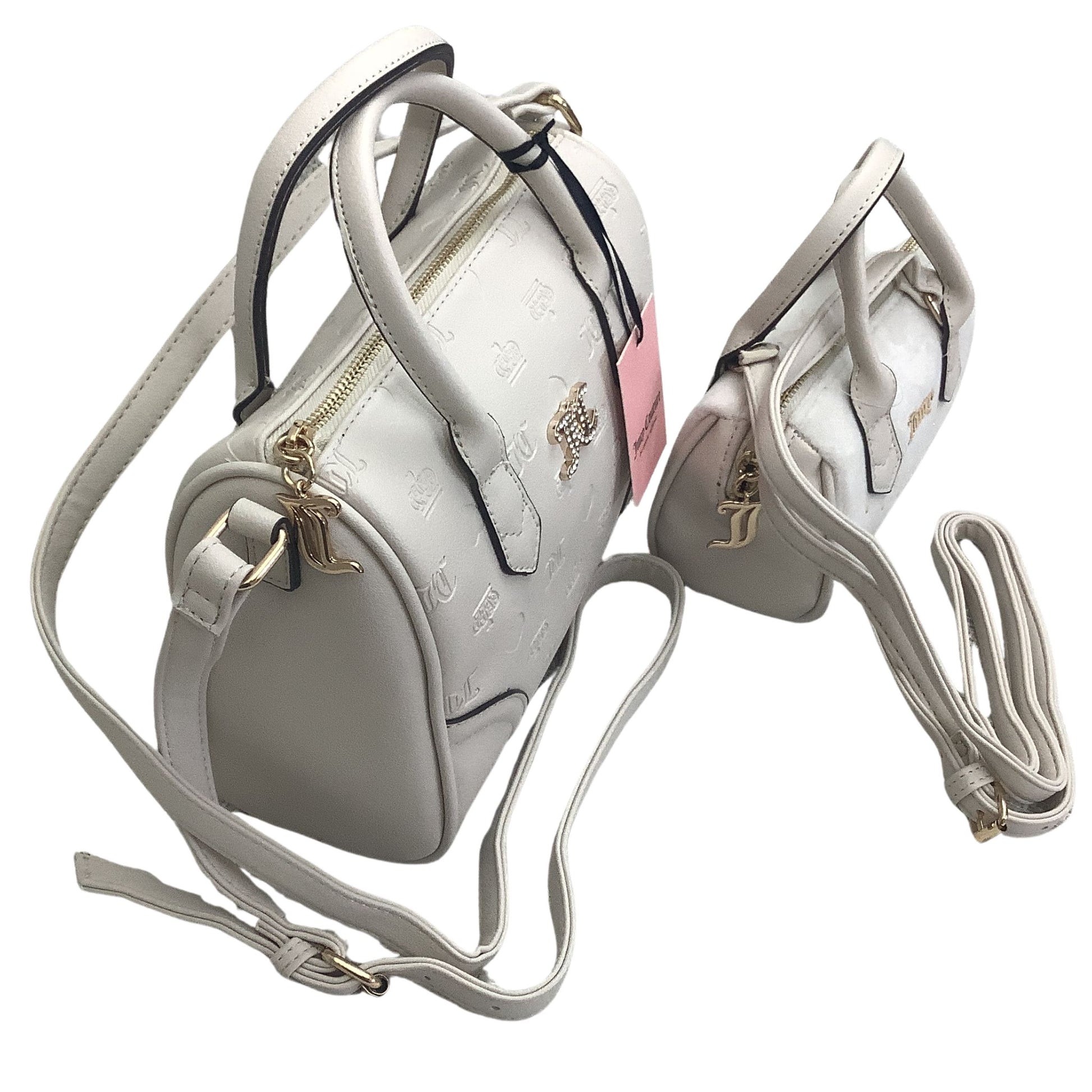 Side view of beige handbags with gold accents on a white background