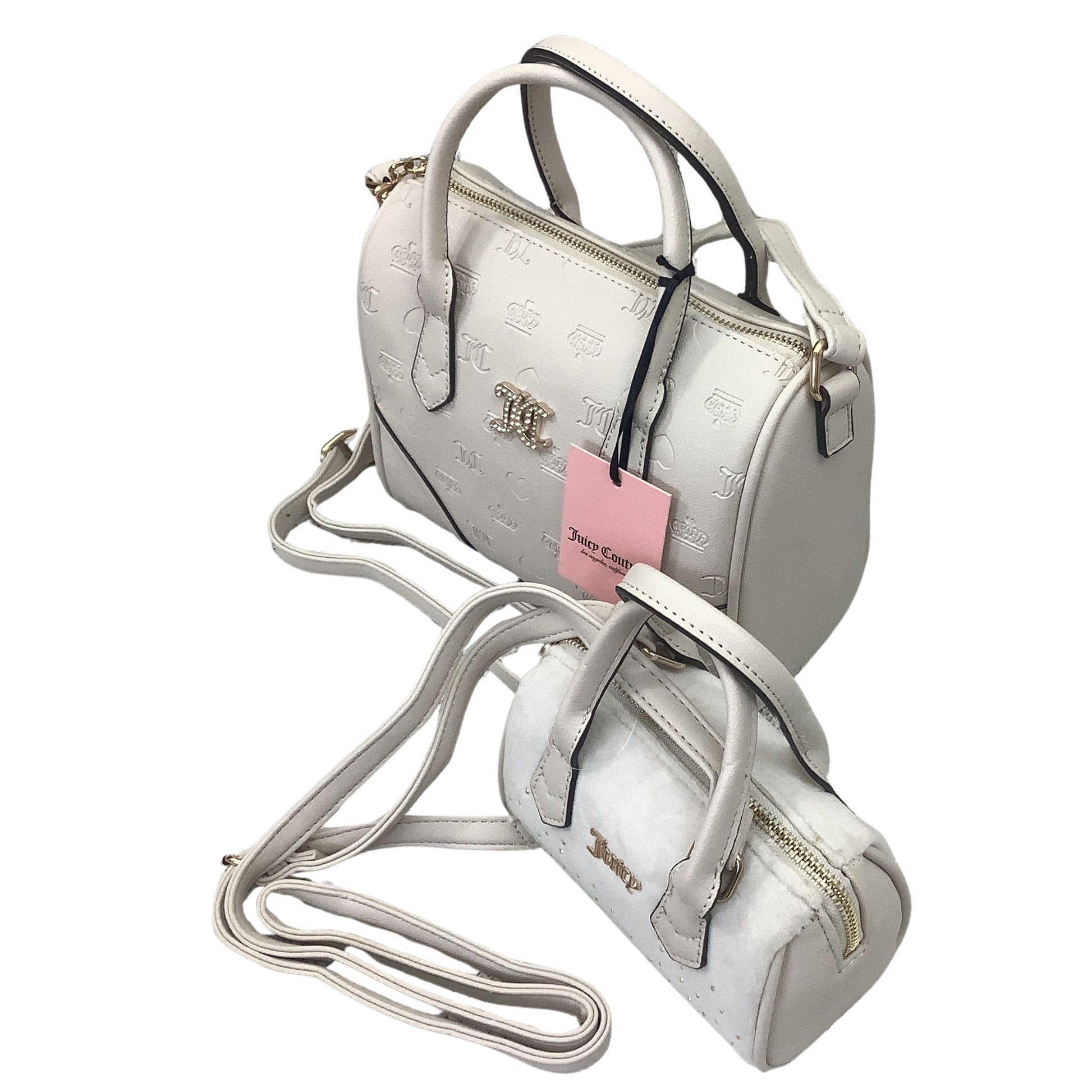 White handbag with a matching pouch top view on a white background