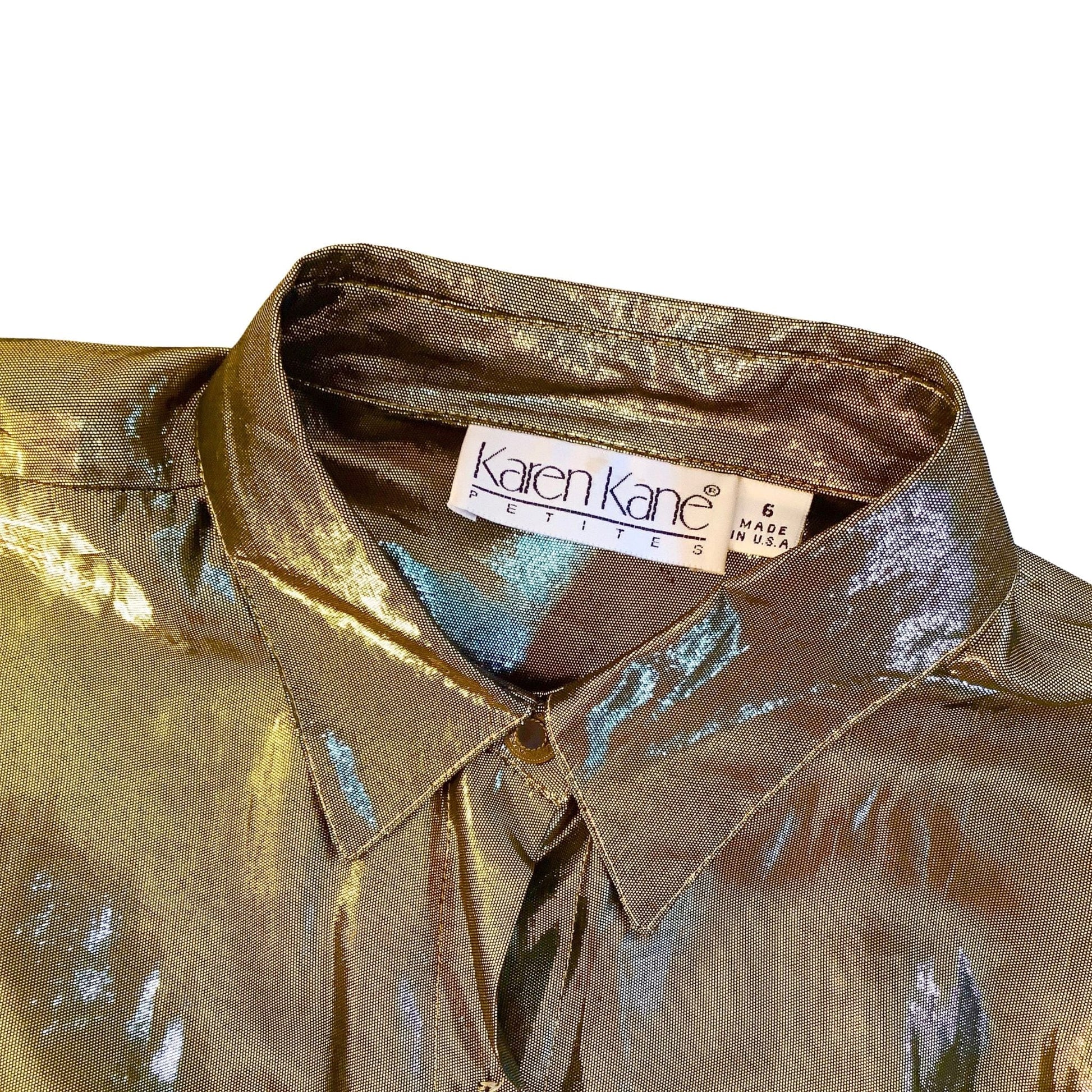 1980s Metallic Gold Shirt by Karen Kane Label View - Vintage Fashion
